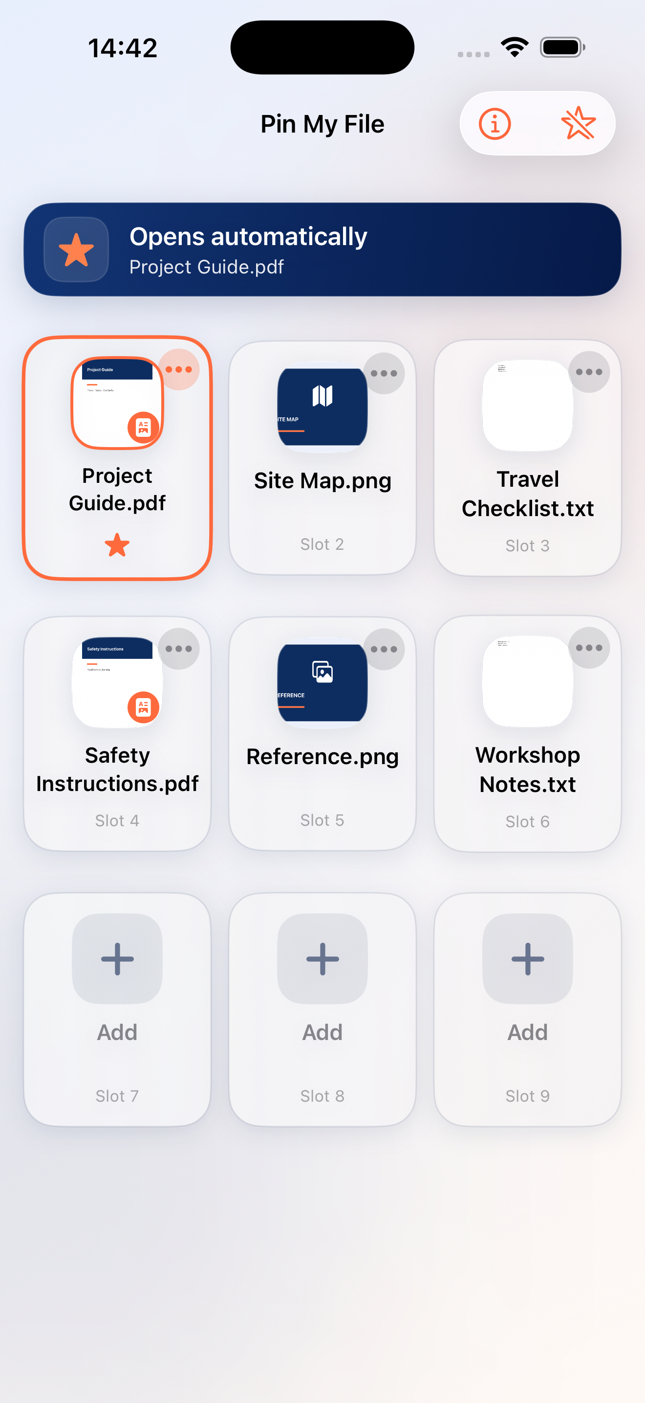 Pin My File showing six example files, three empty slots, and a starred Auto-Open file