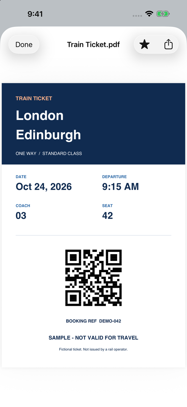 The example train ticket open in Pin My File.